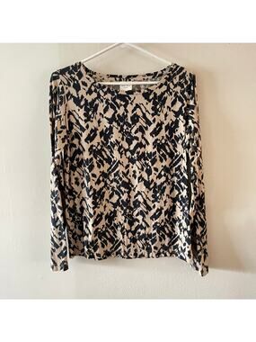 Part Two Leisure Womens L Lynette Tee Tan Black Abstract Print Long Sleeve